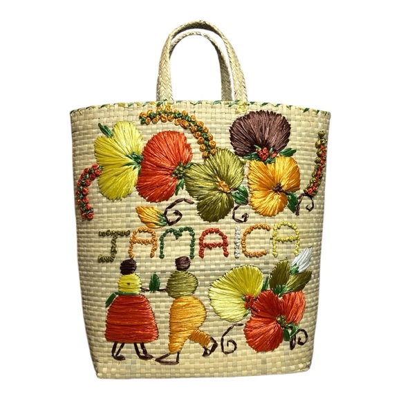 Handbags - VINTAGE JAMAICA WOVEN STRAW AND FLORAL EMBROIDERED TOURIST TOTE